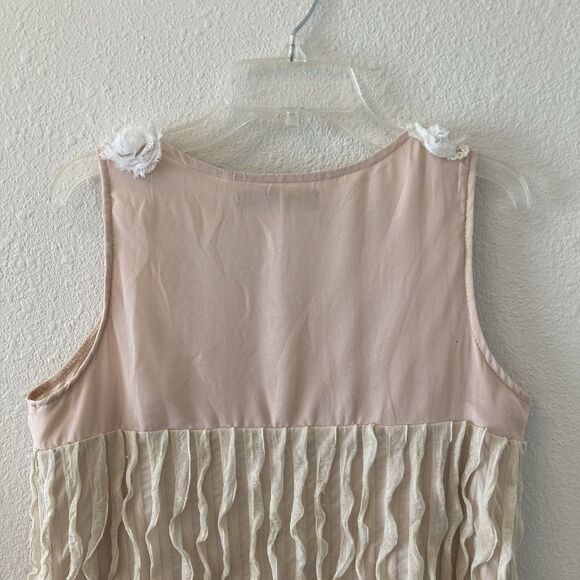 Forla Paris Women's Mini Dress Tan Floral Embellished Textured Shift Sz Sm Boho - Picture 13 of 16